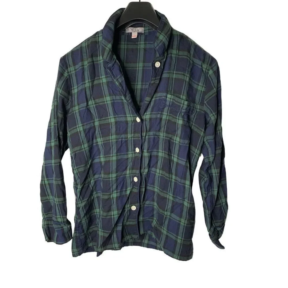 J. Crew flannel pajama top button front blue and green size XS